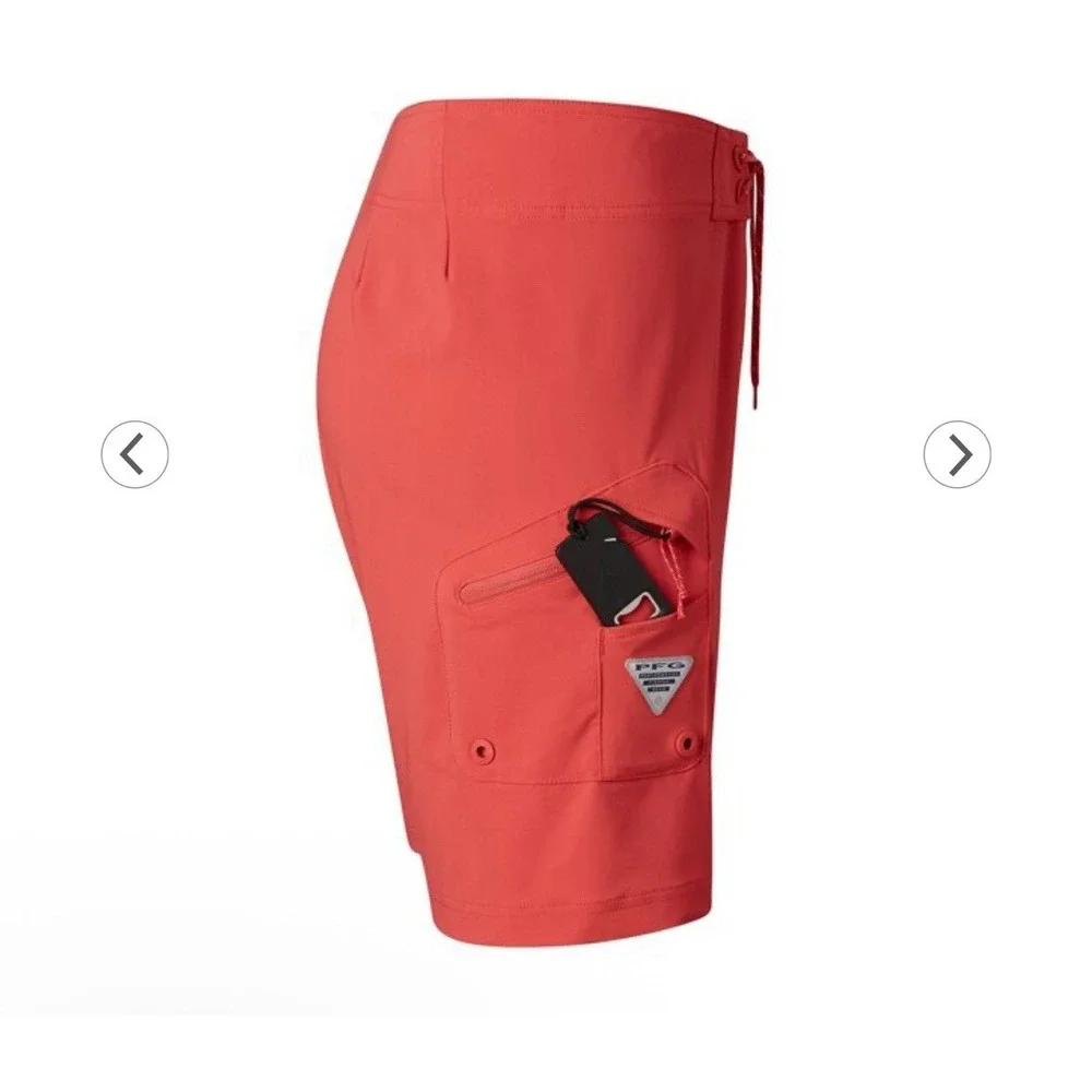 Columbia PFG Fish Series USA Flag Board Shorts Sz 36 Red Omni-Wick Bottle Opener